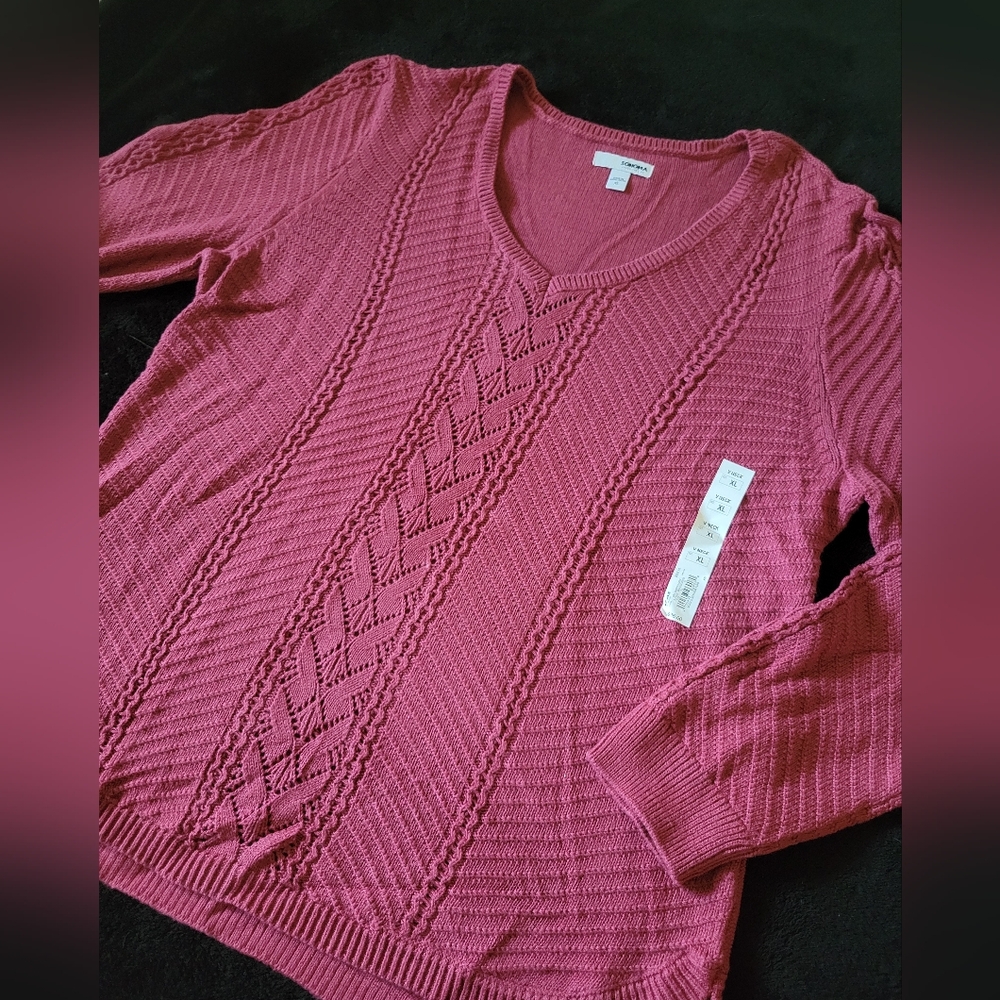 Kohl's Sonoma V-Neck Vibrant Magenta Pink Knit Sweater Womens XL